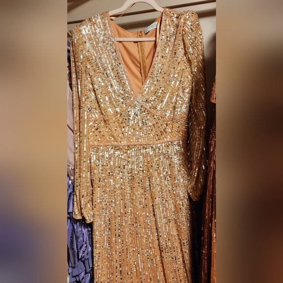 NWT Mac Duggal Peach Bishop Sleeve Sequin Gown - Picture 5 of 7